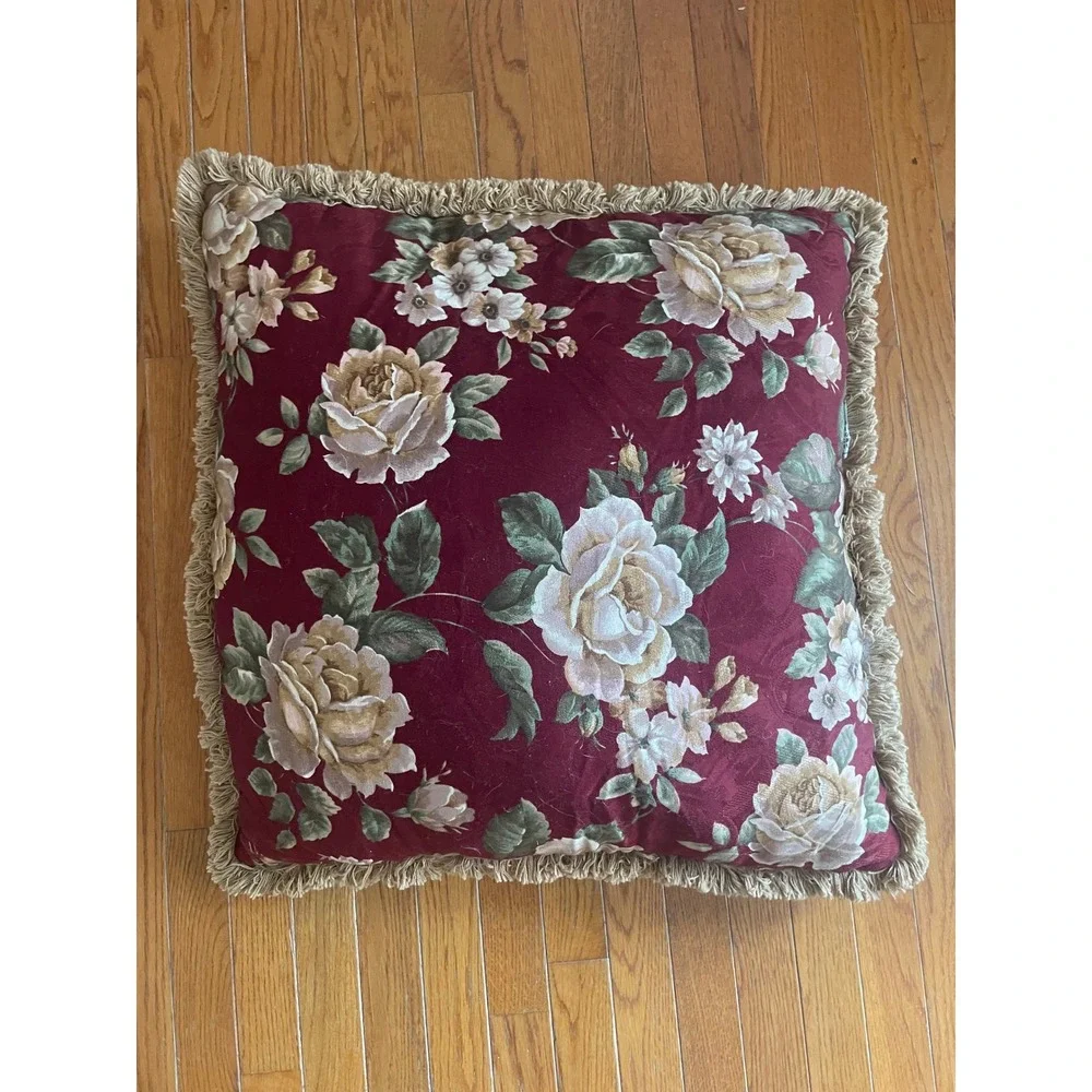Burgundy Rose‎ Floral Tapestry Throw Pillow with Fringe Trim Victorian Style